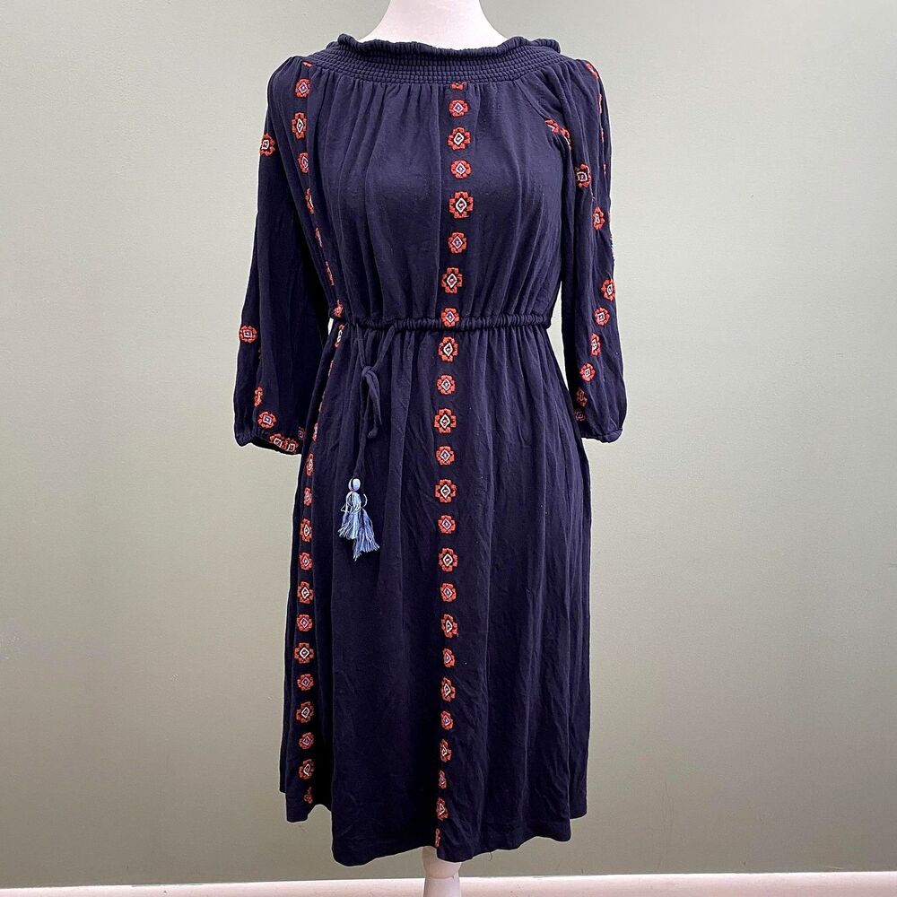Ann Taylor LOFT Embroidered Midi Dress Smocked Womens Small Navy Boho